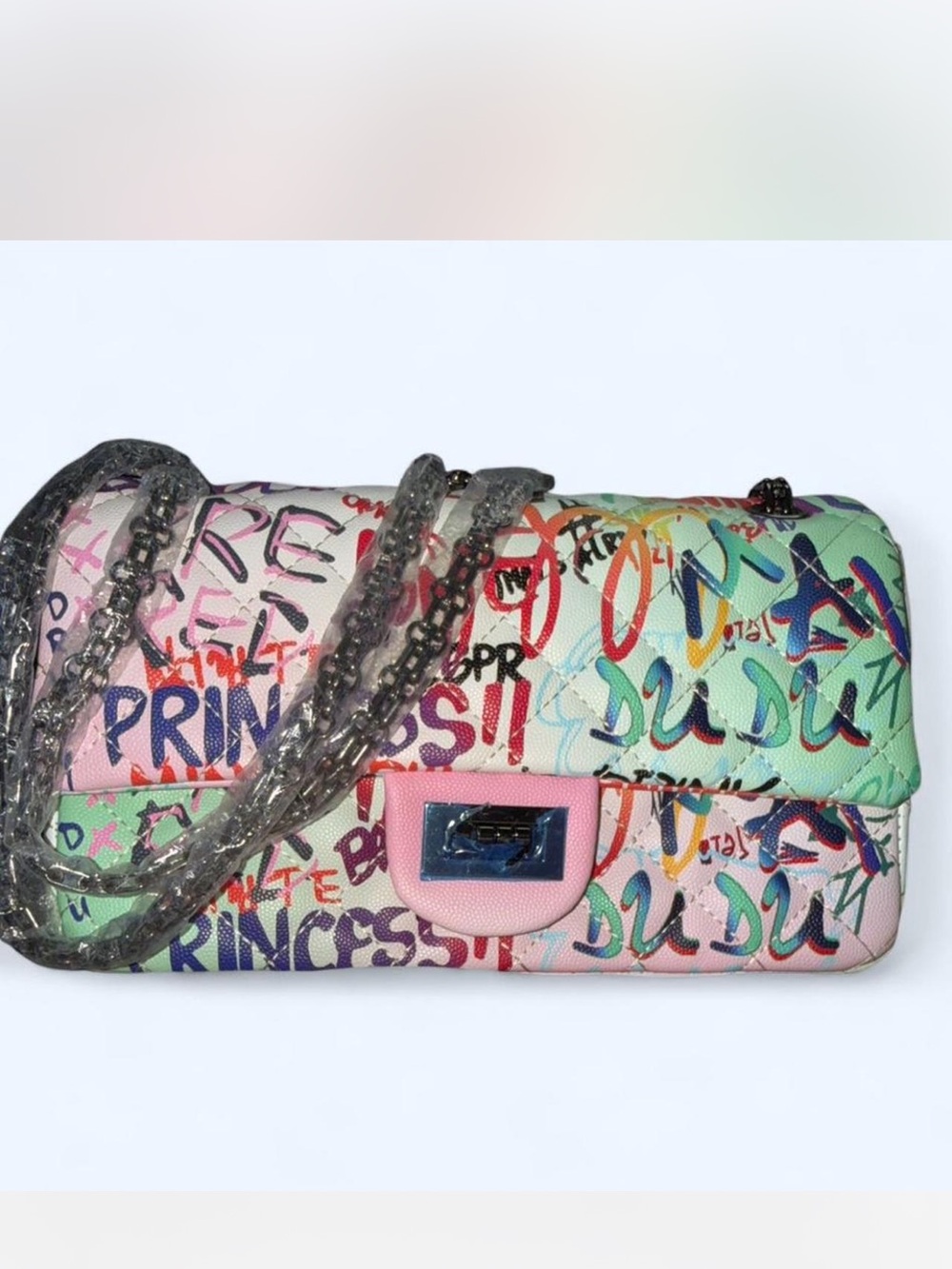 New Fashion Graffiti Quilt Print Flap Crossbody/Shoulder Bag -  Gun Metal Chain